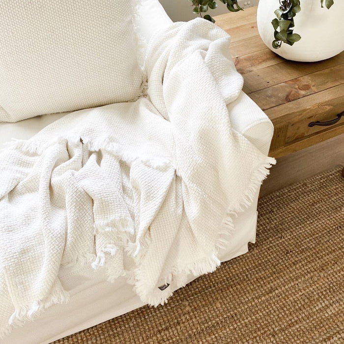 The Chelsea Throw adds a luxe feel to any space with stunning quality. Features include 100% cotton weave with handfrayed edging by our gorgeous artisans. What really takes Chelsea to the next level is the delicate sulphur-wash finish making each piece unique. Prewashed quality linen in a thick weave. Quality throwrug for bedroom or living spaces bought to tou by Eadie Lifestyle. Check out the rest of the range online SALE NOW ON