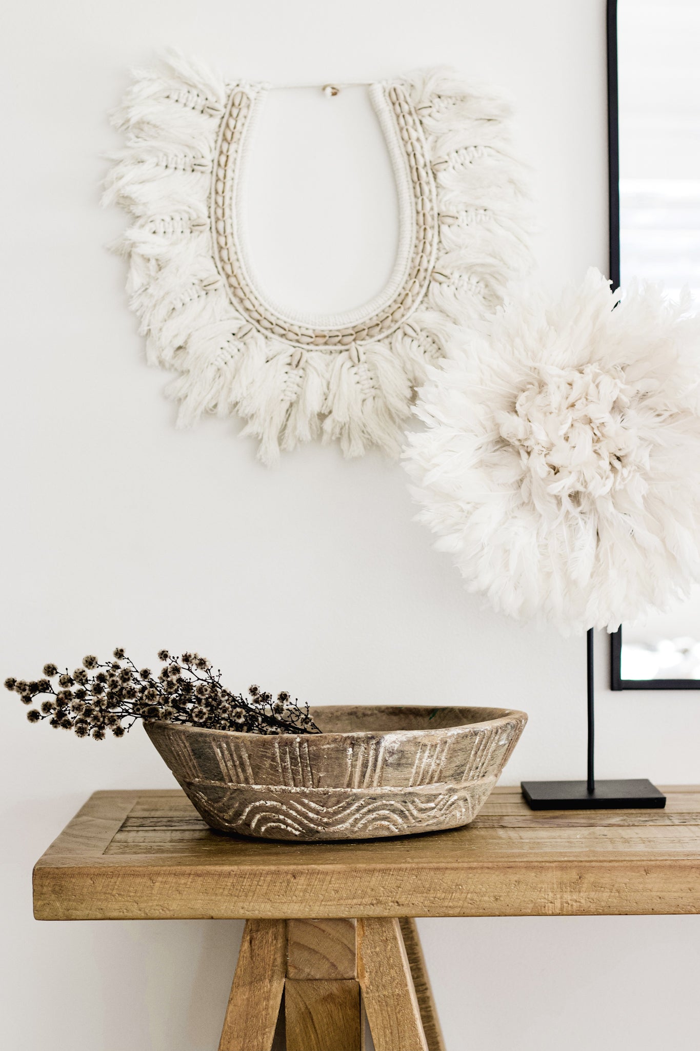 White Juju popular hat with dye black Feather speckles / juju hat above bed l Wall hanging l Home interior design l African feather headdress